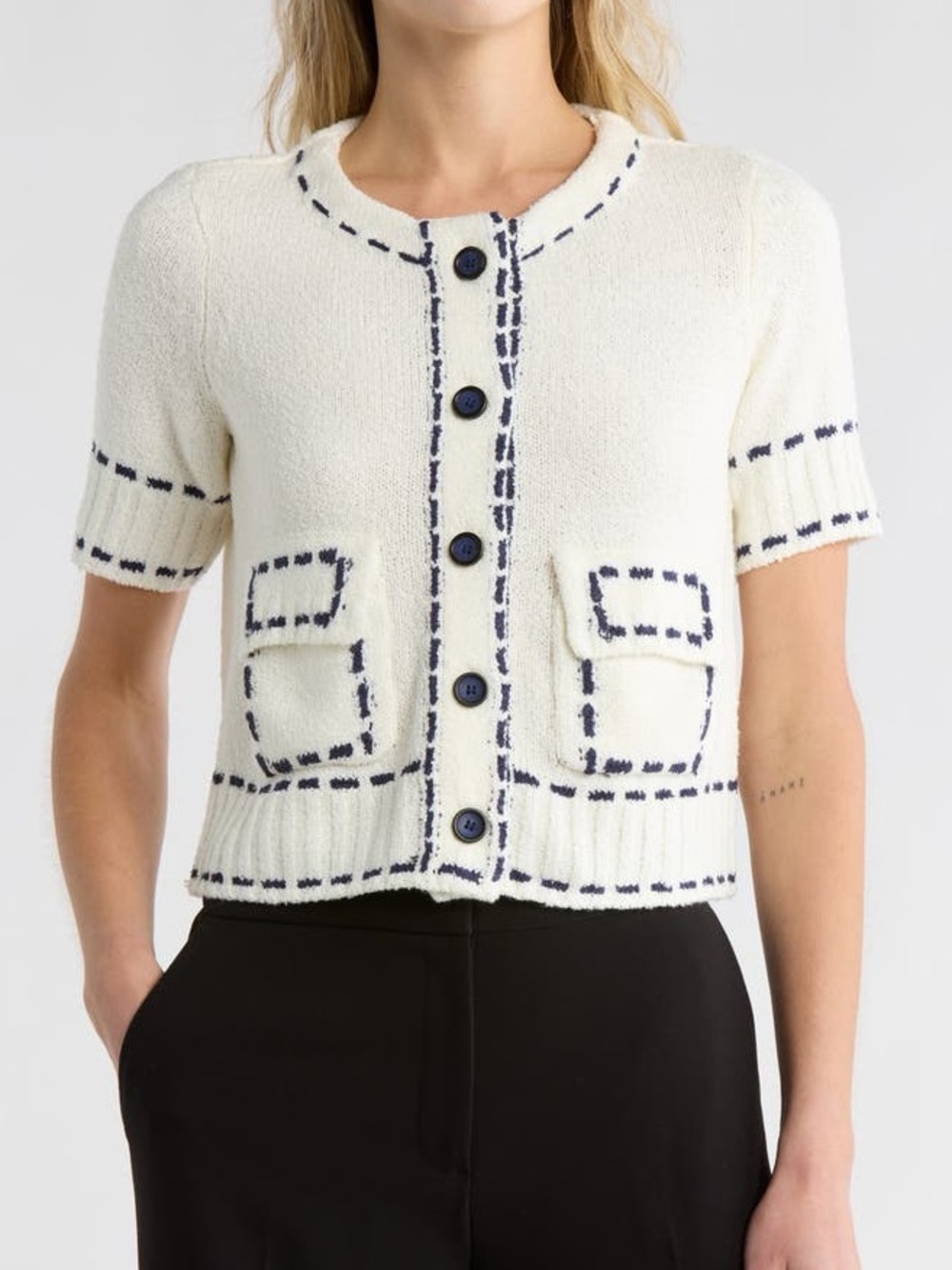 Jason Wu Contrast Stitch Detail Button Up Short Sleeve Sweater Front Pocket Navy